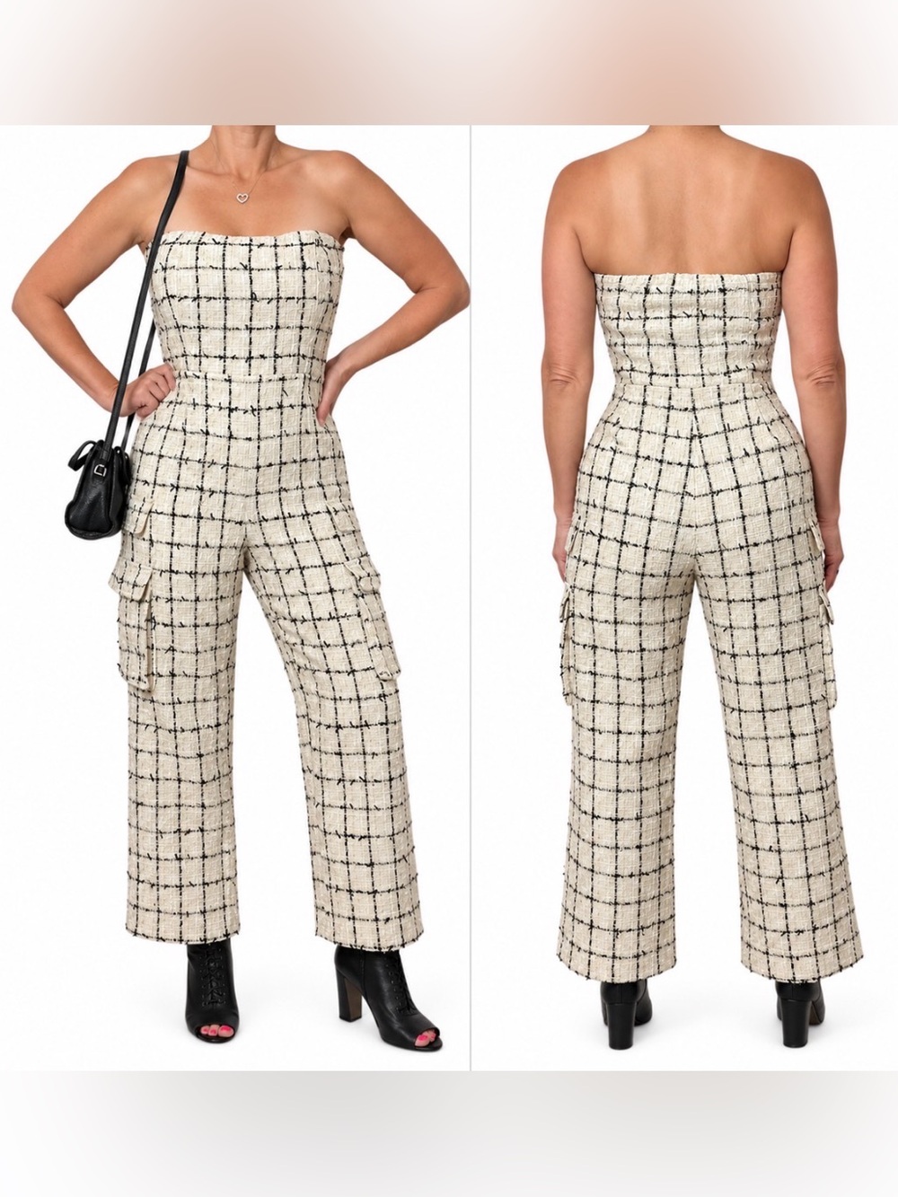 English Factory Cream Windowpane Strapless Wide-Leg Jumpsuit with Black Grid